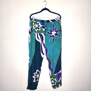 Tropical Tantrum Hawaiian Floral Blue Purple Rayon Pants Size XS